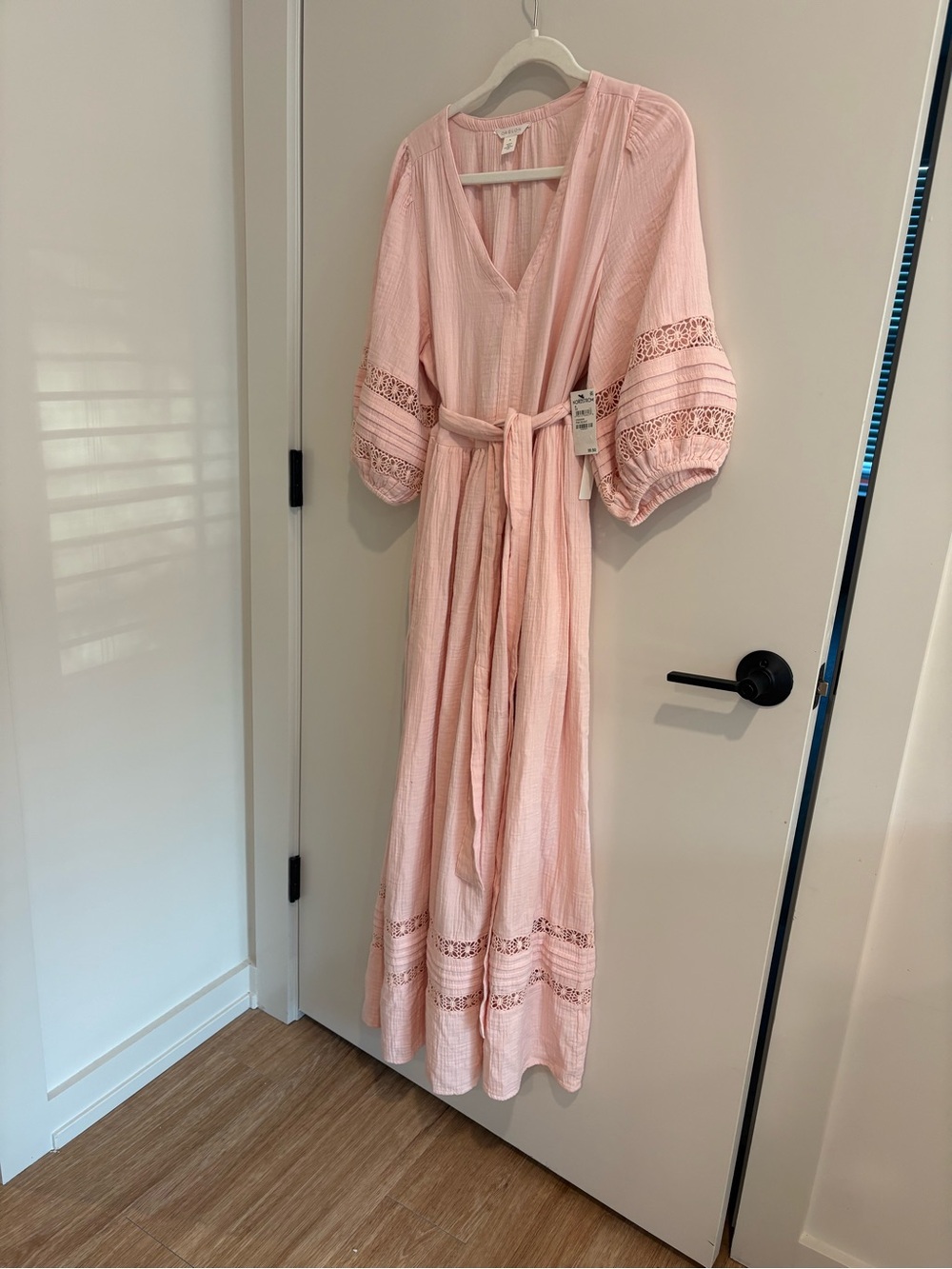 NWT Blush Pink Maxi Dress Puff Sleeve Boho Cottagecore Peasant Crochet Tie Waist - Picture 3 of 14